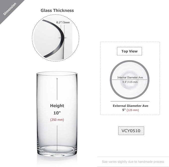 WGV Cylinder Vase, Diameter 5", Height 10", Clear Glass Floral Planter Container, Floating Candle Holder for Wedding Party Event Home Office Decor, 1 Piece
