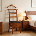 Chair Valet With Drawer,Wooden Suit Valet Stand With Contour Hanger,Trouser Bar and Tie & Belt Bar, 18" W x 23" D x 44" H,Natural wood color