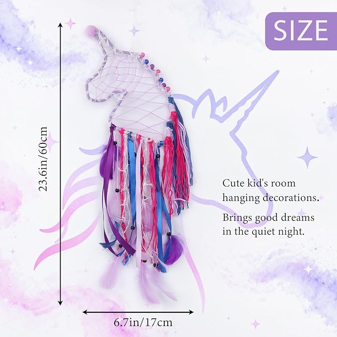 Pretty Jolly Unicorn Dream Catchers for Little Girls Bedroom Handmade Kids Dreamcatcher with Fluffy Pom Poms Feathers&Beads,Nursery Wall Decor for Toddler Girls Room,Children Birthday Gift(Purple)