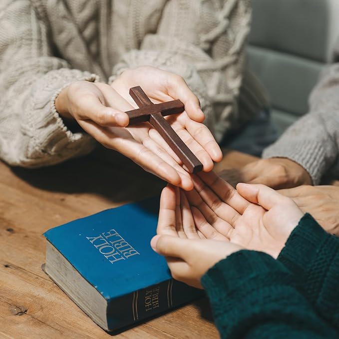 XIPENGKEJI Christian Wooden Cross Wall Hand Held Prayer Crosses Small Wooden Cross with for Decor Christian Gift 4.7 inch with Velvet Bag