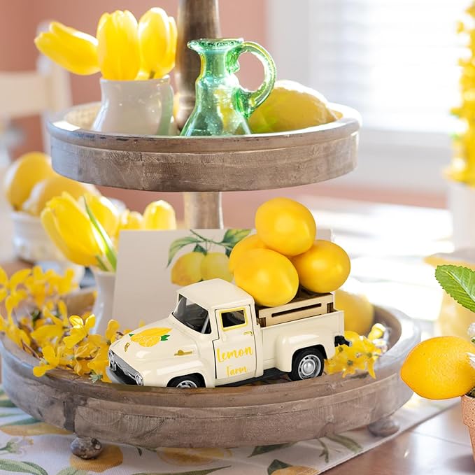 Lemon Decor Vintage Truck Decor with Mini Faux Lemons Summer Table Centerpieces Lemon Tiered Tray Decor for Home Kitchen Farmhouse Shelf Accessories