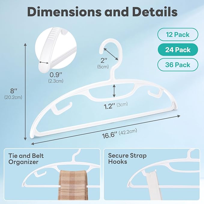 HOUSE DAY Plastic Clothes Hangers 24 Pack, Sweater Hangers No Shoulder Bump, Thick Heavy Duty Coat Hanger for Closet, White Wide Hanger with Non-Slip Hook for Sweaters, Suits, Dresses, Jackets, Pants