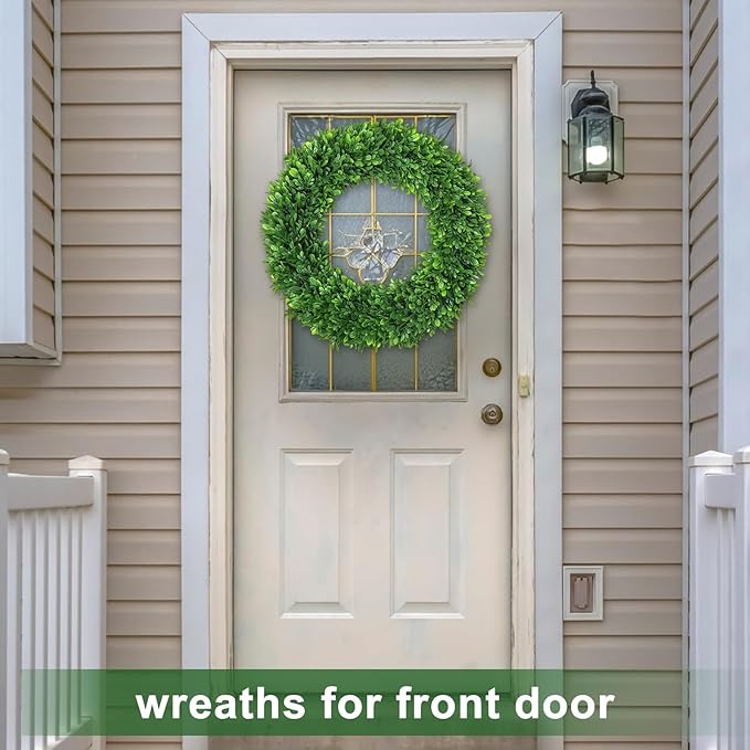 LZNPA Boxwood Wreaths for Front Door Realistic 22Inch，Spring Wreaths for Front Door Outside ，Front Door Wreath All Season，Green Wreath for Spring Farmhouse Porch Wall Wedding Room Home Decor