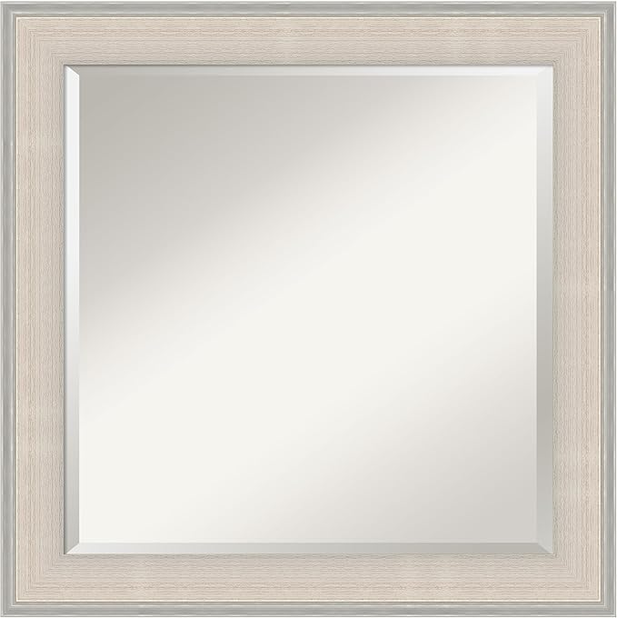 Amanti Art White Wall Mirror 24x24 Cottage White Silver Square Bathroom Mirror for Wall Decor Living Room, Medium Cottage Wood Frame, Hangs Horizonally and Vertically, Bathroom Decor, Beveled Edge