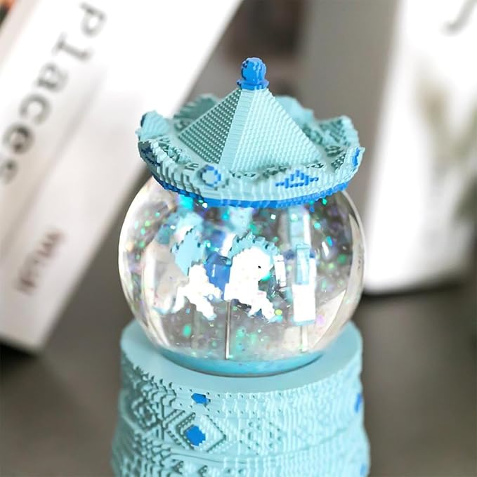 Pixel-Design Carousel Snow Globe Music Box, Compact Decorative Gift for Collectors and Creative Spaces, Light Blue Edition, Plays Toyland Melody