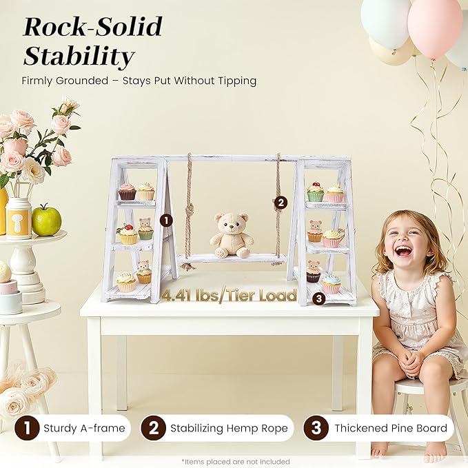 Wooden 3 Tiered Dessert Tray Stand Tool Free, Cupcake Serving Ladder Display Stand with Swing, Removable Trays and Foldable Stand for Cake Snack Fruit at Weddings, Anniversaries, Parties, Celebrations (White)