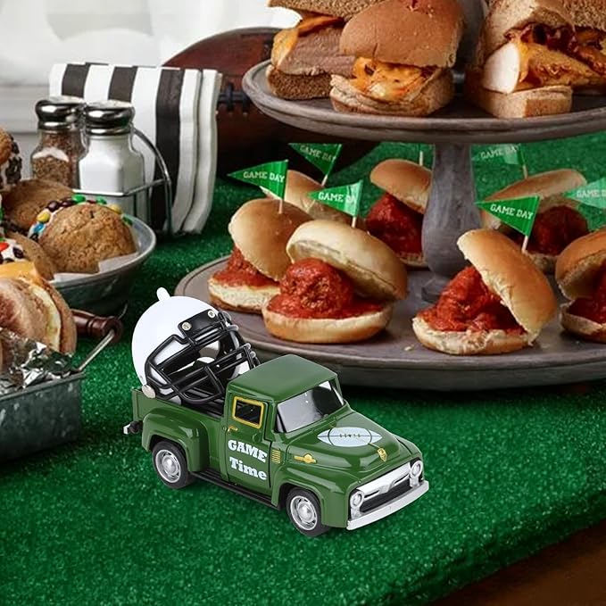 Football Metal Truck with White Football Helmet Farmhouse Vintage Green Truck Decor for Room Farm Metal Car Home Decors Mini Vintage Car Collectible Gift for Home Desk Bookshelf