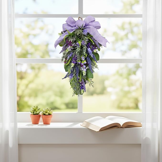 23 Inch Pre-lit Lavender Teardrop Swag, Farmhouse Spring Summer Teardrop with Purple Gingham Bow, Battery Operated with Timer & 10 Warm White Lights, Floral Decoration for Wall Door Farmhouse