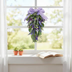23 Inch Pre-lit Lavender Teardrop Swag, Farmhouse Spring Summer Teardrop with Purple Gingham Bow, Battery Operated with Timer & 10 Warm White Lights, Floral Decoration for Wall Door Farmhouse