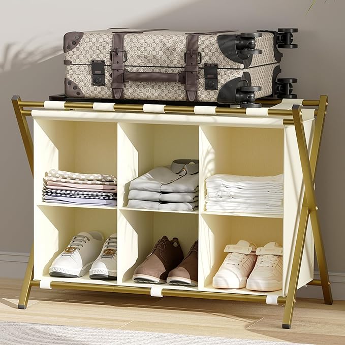 Luggage Rack for Guest Room, Folding Suitcase Stand with 6-Cube Fabric Storage Shelf, Luggage Holder, Steel Foldable Luggage Stand for Guest Room, Bedroom, Hotel, Gold