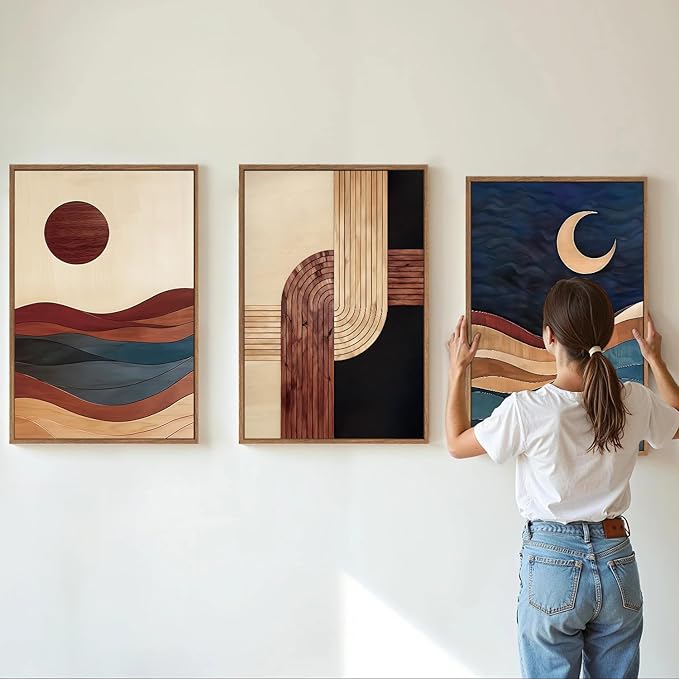 SIGNINART Boho Mid Century Modern Framed Canvas Wall Art, Bohemian Geometric Wall Decor, Abstract Sun and Moon Artwork,Beige and Black Wooden Art Paintings for Living Room Bedroom Office 24"x36"x3
