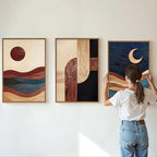 SIGNINART Boho Mid Century Modern Framed Canvas Wall Art, Bohemian Geometric Wall Decor, Abstract Sun and Moon Artwork,Beige and Black Wooden Art Paintings for Living Room Bedroom Office 24"x36"x3