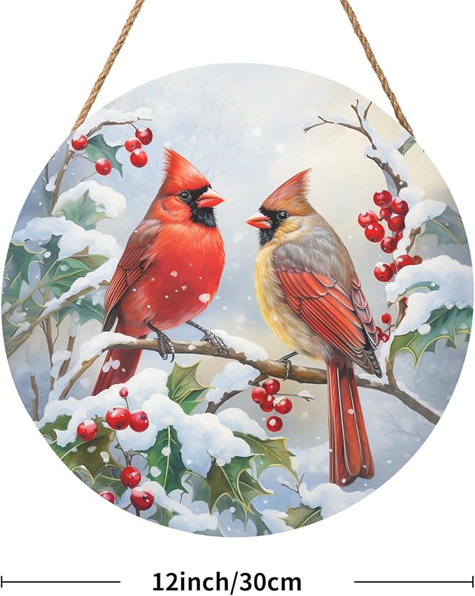 Harooni Winter Welcome Sign for Front Door, Cardinal Bird Wood Door Hanger for Outdoor Outside Porch, Christmas Cardinal Round Hanging Signs Holiday Decorations for Home Wall Porch Yard Farmhouse