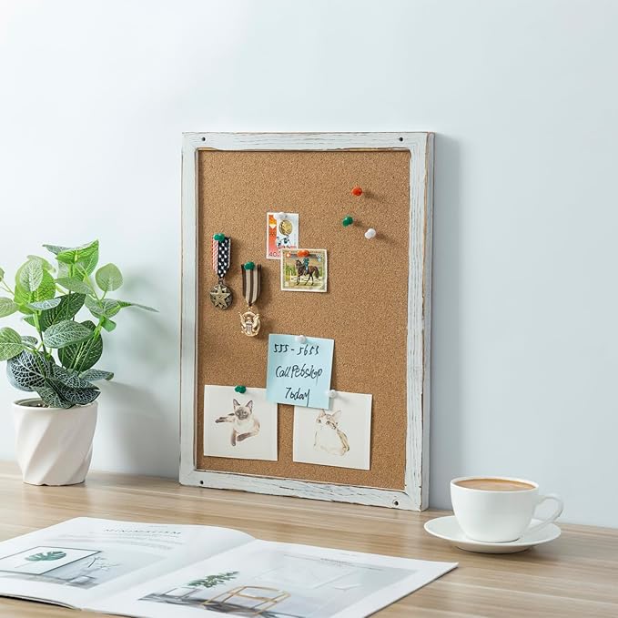 MyGift 3 Panel Wall Mounted Entryway Bulletin Board Combo Set with Shabby White Washed Solid Wood Frame, Chalkboard, Cork Board, Black Metal Mail Basket, and Hanging Rail