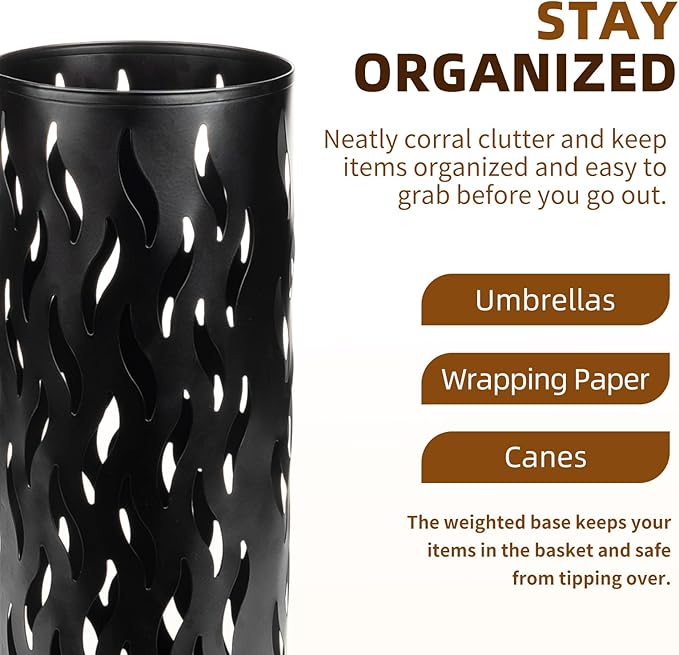 Umbrella Holder, Metal Umbrella Stand for Entryway, Umbrella Storage Rack with 4 Hooks Decor, Home, Office,5.8 × 5.8 × 16.4 (Black)