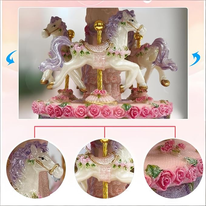 Briskfeel Classical Carousel Horse Music Box, Plays You are my Sunshine, LED lights Twinkling Resin Carved Collectible Mechanical Musical Box with 18-Note (3# Pink Carousel)