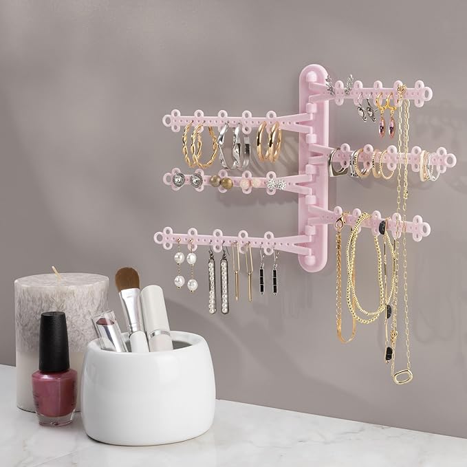 6-Tier Wall Jewelry Organizer Wall Mounted Jewelry Organizer Earring Holder Wall Mount Hanging Necklace Organizer Jewelry Hanger Hanging Necklace Holder Organizer Display (Pink)