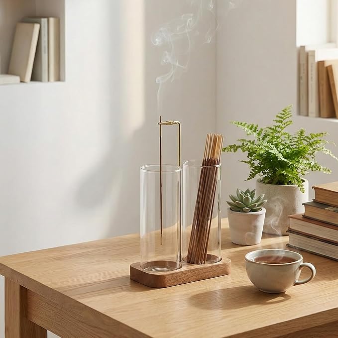 Incense Holder,Wooden Incense Holder for Sticks with 20 Incense Sticks, Anti-ash Incense Burner with Glass Ash Catcher, Wood Incense Holder 20 Stick (2 Glass Rectangle Base)