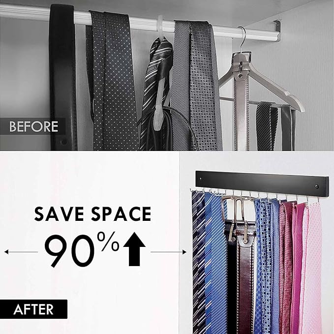 2Pack Tie Rack Wall Mounted, Wooden Belt Hanger Tie Organizer for Closet with 28 Folding Hooks, Space Saving Tie Holder and Belt Rack for Closet Wall Mount, Black