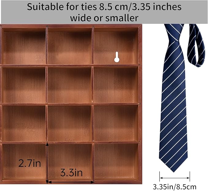 Wall Mounted Tie Rack - 16 Compartment Tie Organizer with Display Racks for Bedroom & Wardrobe