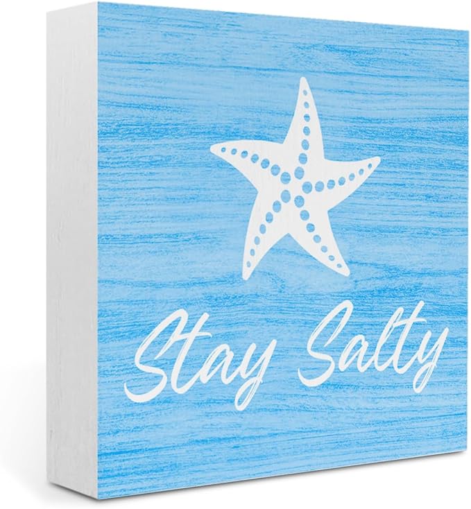 Beach Bathroom Decor Starfish Decor Stay Salty Beach Theme Summer Decorations Wooden Box Sign for Home Office Farmhouse Table Shelf