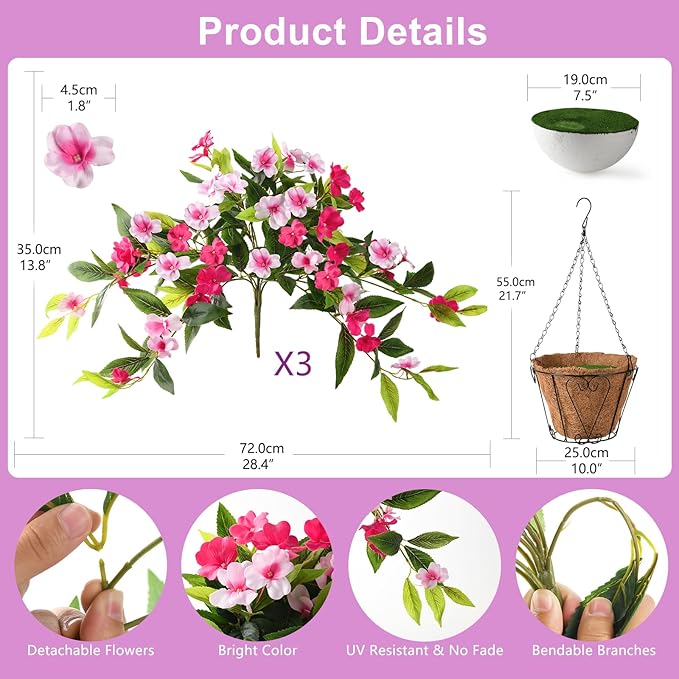 Artificial Fake Hanging Flowers Plants Basket for Outdoors Outside Decoration UV Resistant Faux Silk Flowers Look Real Plastic Flowers for Spring Planters Home Porch Patio Garden Decor