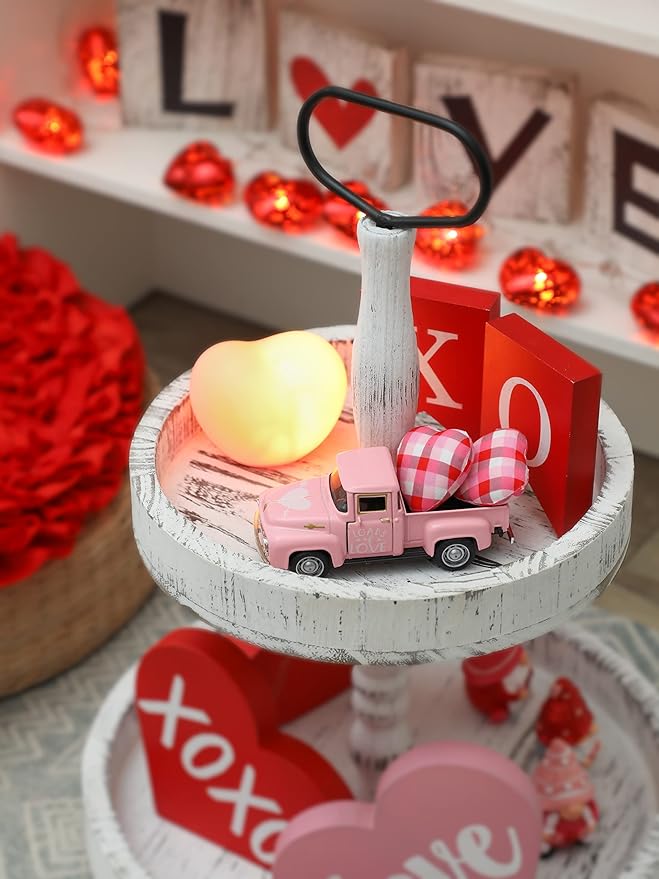 Valentine’s Day Metal Farm Truck with 2 Hearts, Valentines Decorations Vintage Love Romantic Tiered Tray Decor Mini Diecast Pickup Truck Model for Tabletop Shelf Table Décor 4.8inch