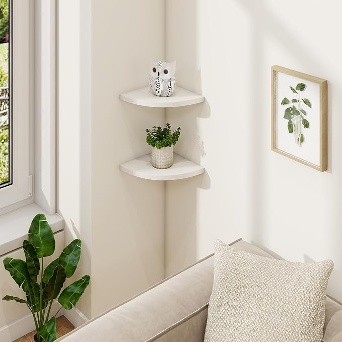 Fun Memories Corner Shelf Wall Mount, Solid Oak Wood Floating Corner Shelves with Cable Hole, 7in Rustic Design for Bedroom, Bathroom, Kitchen, Living Room (White, 1 Pack)