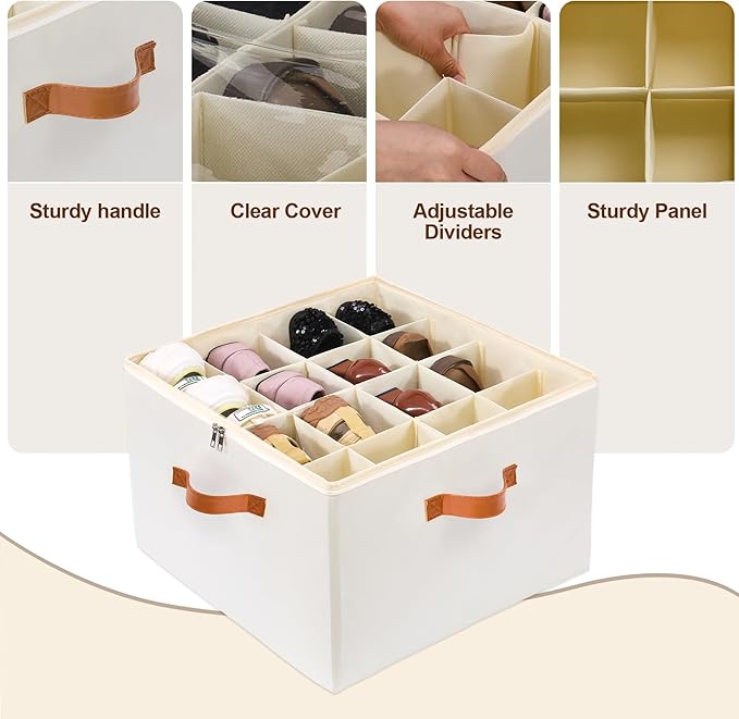 Shoe Organizer for Closet, Shoe Storage Boxes Fits up to 16 Pairs, Foldable Shoe Containers Bins Baskets with Adjustable Dividers and Clear Cover White