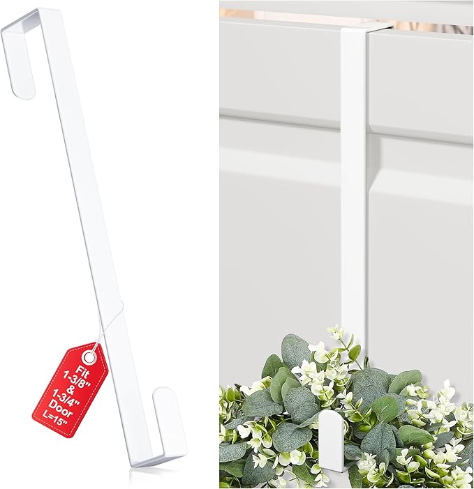 15" Reversible Wreath Hanger for Front Door, Fits Most Doors up to 1-3/4", Heavy Duty Steel Over The Door Hooks Hold up to 80 LBS for Spring & Easter Wreaths, Seasonal Door Decor, White 1 PC