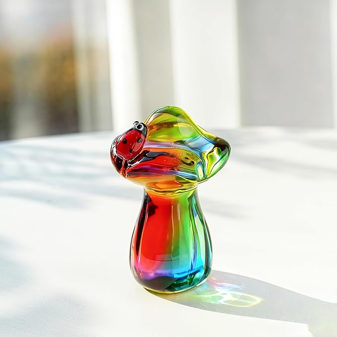 H&D HYALINE & DORA Cute Crystal Mushroom Figurine Mini Colorful Mushroom Ladybug Figurines for Fairy Garden Terrarium Accessories Decor