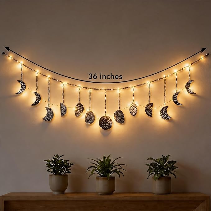 opulinea Boho Moon Phase Wall Hanging, Black Gunmetal Hammered Metal LED Celestial Garland for Bedroom Witchy Home Christmas Decor