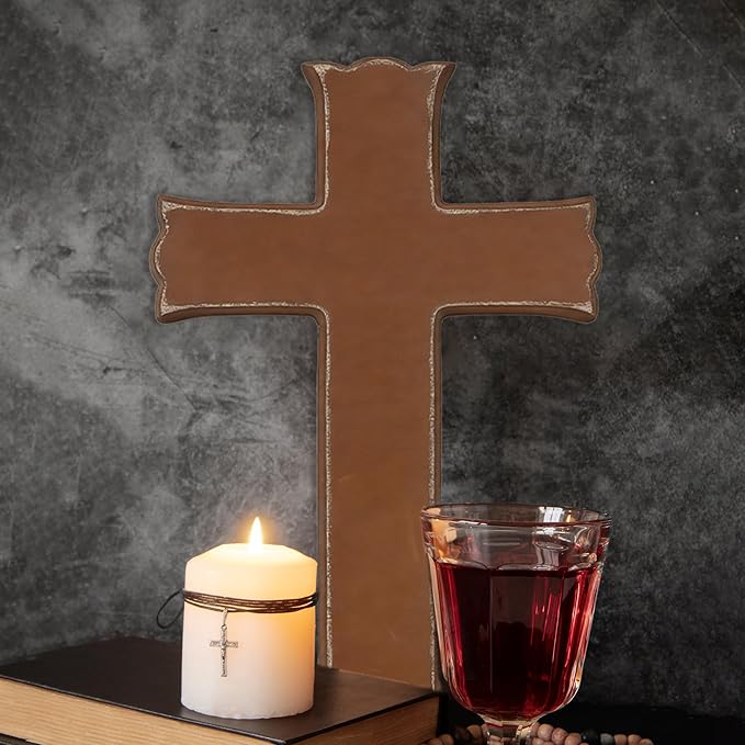 Bltgh Brown Wooden Cross Wall Decor, Religious Cross Gifts With Hook on Hanging Wall Or Table, Confirmation Cross Gift, Baptism Gifts, Rustic Home Church Room Crosses Décor, 10x6.5 IN