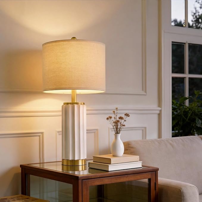USumkky 25.75" Off-White Ceramic Table Lamp Set of 2, Mid Century Modern Bedside Nightstand Lamps for Bedroom Living Room, Linen Shade & Gold Metal Base, Rotary Switch E26 (Bulbs Excluded)