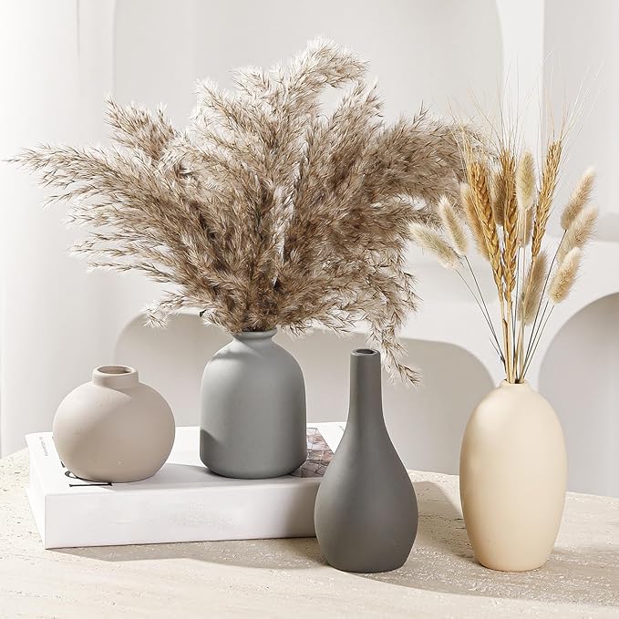 Ceramic Vase Set of 4 Small Vases Home Decor Modern Rustic Farmhouse Pottery Decorative Flower Vases for Pampas Grass Dried Fresh Flowers, Living Room, Bedroom, Table Centerpiece, Mantel, Shelf