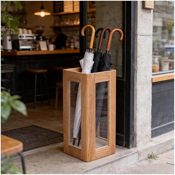 Umbrella Stand with Removable Plastic Drip Tray, Spacious Storage Bucket, for Home Entryway Decoration and Hotel Lobbies, Features a Solid Wood Umbrella Bucket, Acrylic Frame(Natural)