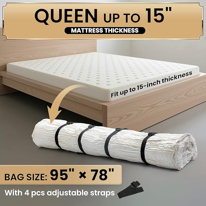 TAILI Mattress Vacuum Storage Bag, Full/Queen Mattress Vacuum Bag with 4 Straps, Sealable Bag for Memory Foam, Latex, Easy Moving, Transport and Storage