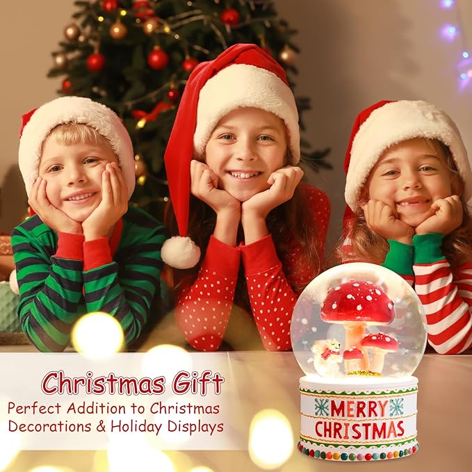 VCUTEKA Christmas Snow Globe, Musical Snow Globes for Girls with Light Up Mushroom and Squirrel, Christmas Snow Globe Decoration Gift, Battery Operated Snowglobes Christmas Décor