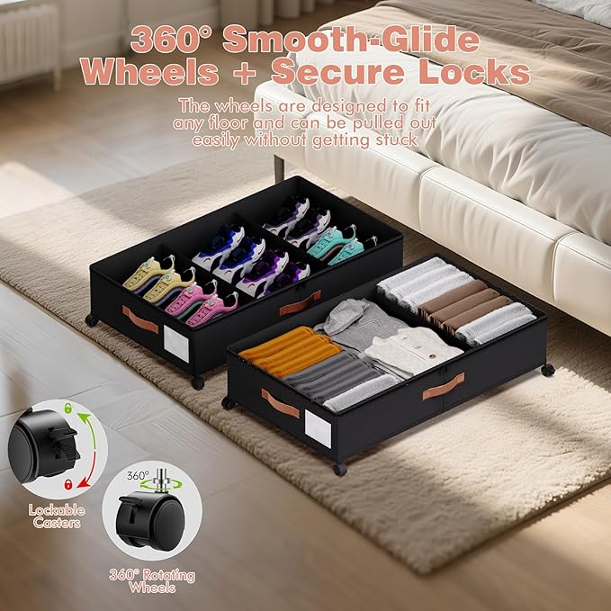 Under Bed Storage with Wheels - Rolling Underbed Containers with PVC Clear Lid & Dividers, 600D Oxford Fabric, PU Leather Handles, Adjustable Magic Tape Partition, XXL 66L (2, Black)