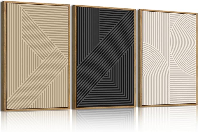 BINCUE Neutral Abstract Wall Art Mid Century Modern Wall Paintings Boho Artwork Geometric Wall Pictures Abstract Black Wall Decor Modern Neutral Art Prints for Living Room Bedroom Bathroom Office 16x24 Inch 3 Piece
