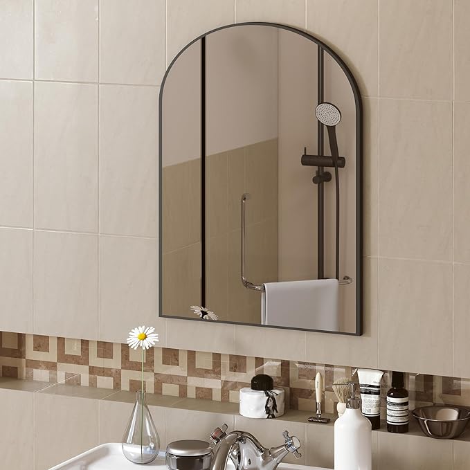 DUMOS Black Metal Arch Vanity Rounded Rectangle Bathroom Mirrors for Over Sink Wall, 27x38 Inch Large Matte Mirror, Modern Decorative for Restroom, Farmhouse