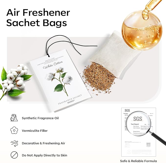 MYARO 12 Packs Scent Sachets for Closet Clothes Storage - White Cotton Fragrance Long Lasting Home Air Freshener Odor Deodorizer