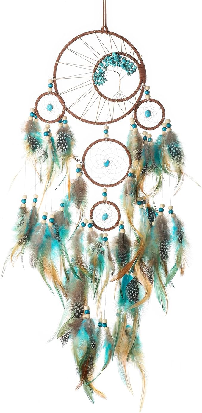 Life Tree Dream Catcher with Chakra Crystals - Handmade Brown Blue 5-Ring Wall Hanging for Bohemian Home Decor