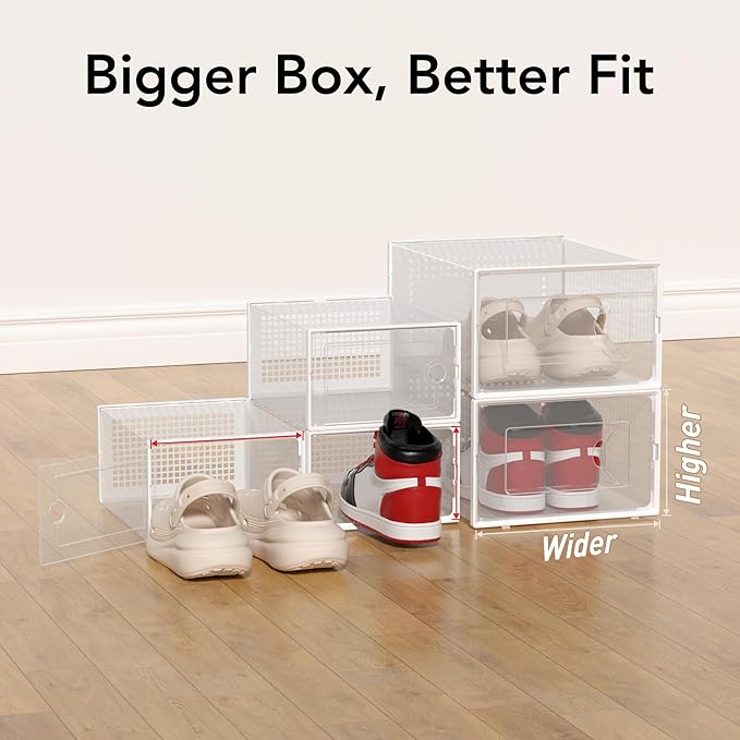 X-Large Shoe Storage Box, 15 Pack Clear Plastic Stackable Shoe Organizer for Closet, Interlocking Design Shoe Container Bins for Sneakers, Foldable Shoe Rack with Lids, White