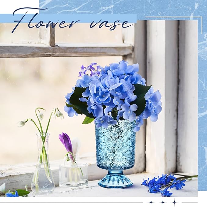 6 Pcs (H:7" W:4") Embossed Flower Vase Pedestal Glass Vase Big Base Thickened Crystal Vintage Vases for Valentines Day Wedding Home Decor Table Centerpiece House Warming Gifts(Blue)