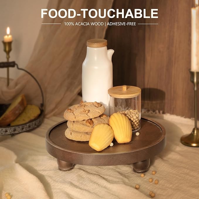 EOSAHR Farmhouse Wood Riser for Home Decor – Acacia Wood Round Pedestal Stand for Bathroom Decor & Kitchen Sink – Decorative Tray for Soap Dispenser, Plant & Cupcake (Dark Acacia)
