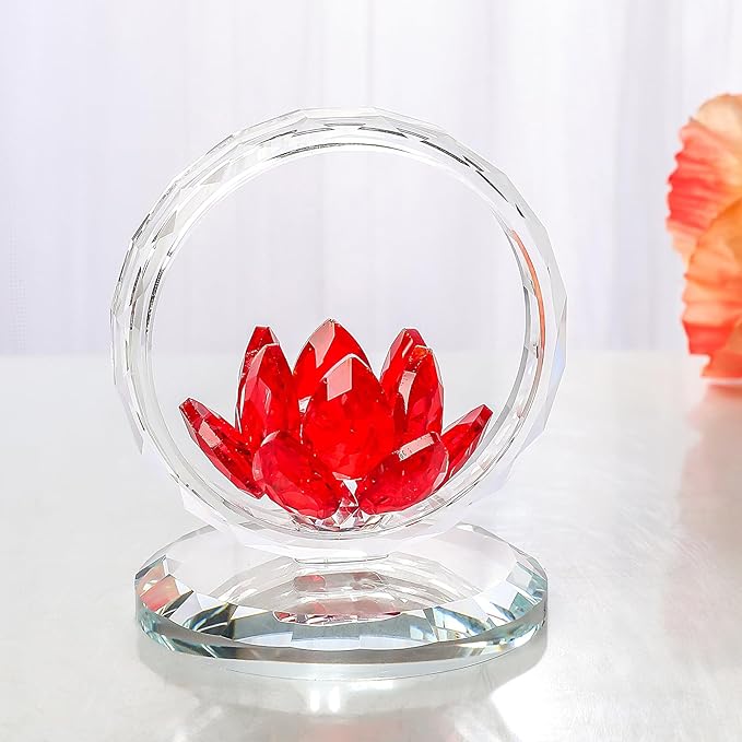 LONGWIN Crystal Lotus Flower Basket Figurine Collectible Glass Flowers Art Decor Reflection Feng Shui Decorative Ornaments for Living Room Bedroom Office Red