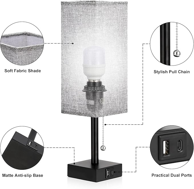 aooshine Bedside Table Lamps Set of 2 - Gray Bedroom Lamps with 3 Color Temperatures (3000K/5000K/4000K), Square Nightstand Light with USB C + A Charging Ports, Pull Chain Small Night Light