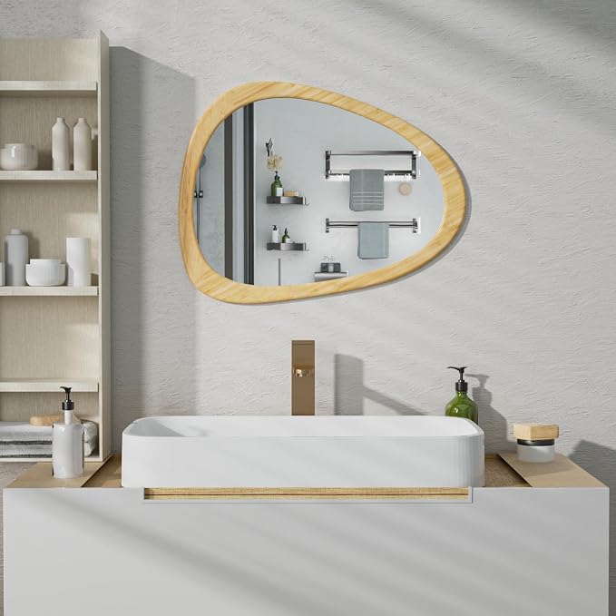 22.5" x 17.5" Irregular Wall Mirror, Natural Wooden Framed Asymmetrical Wall Mirror for Living Room Bedroom Bathroom Entryway, Modern Decorative Hanging Hook