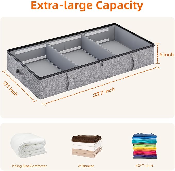 Vailando Storage Containers, 6 Inches Tall 60L Underbed Storage Bins with Dividers & Sturdy Handles & Reinforced Sidewalls, Closet Organizer for Clothes, Blankets, Seasonal Items, Dark Gray, 2-Pack